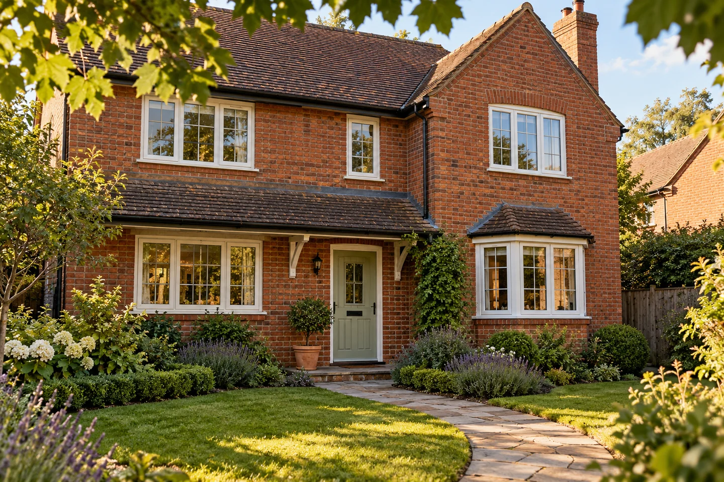 Illustrative scene of a well-kept British brick home with a tidy lawn and garden path